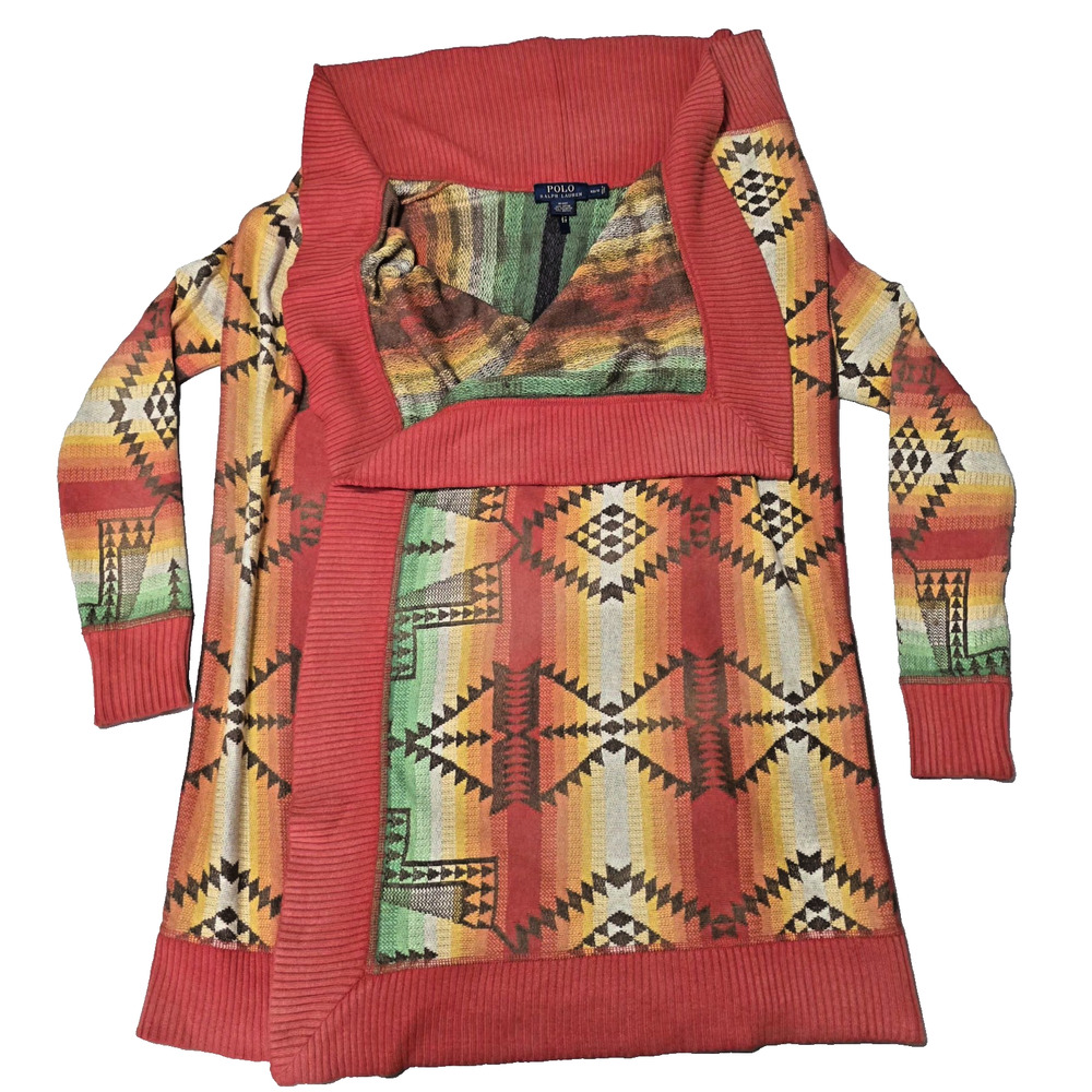 VTG Polo Ralph Lauren Long Draped Open Cardigan Sweater Aztec Southwestern XS/S